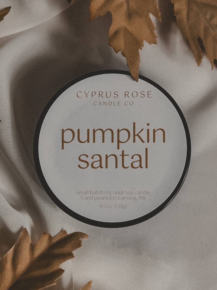 Pumpkin Santal Coconut-Soy Fall Candle - 4oz Black Tin for wholesale by Cyprus Rose Candle Co.