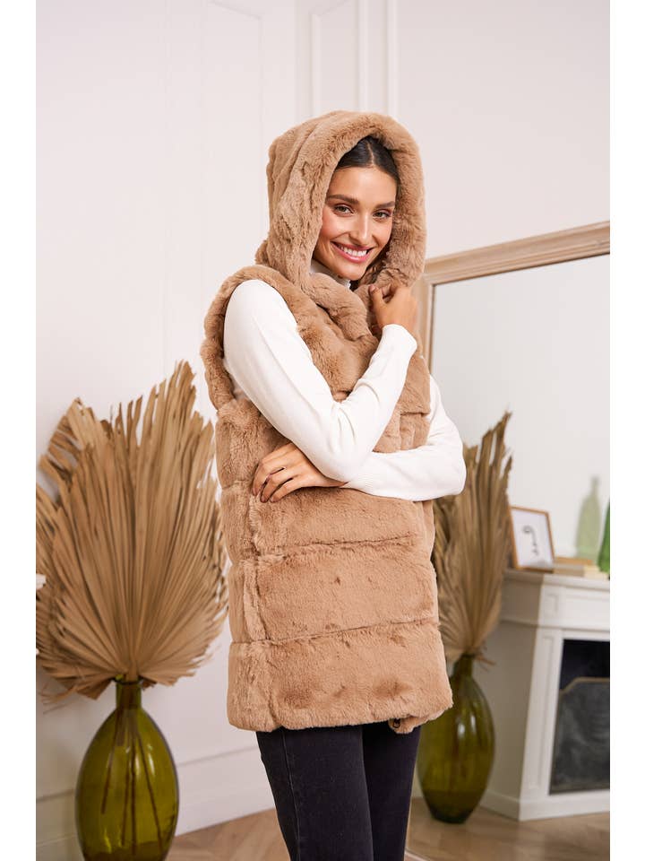 CHOKLATE PARIS – Colete - Mulher por atacado – Colete sem mangas de pele sintética com capuz - Y15617