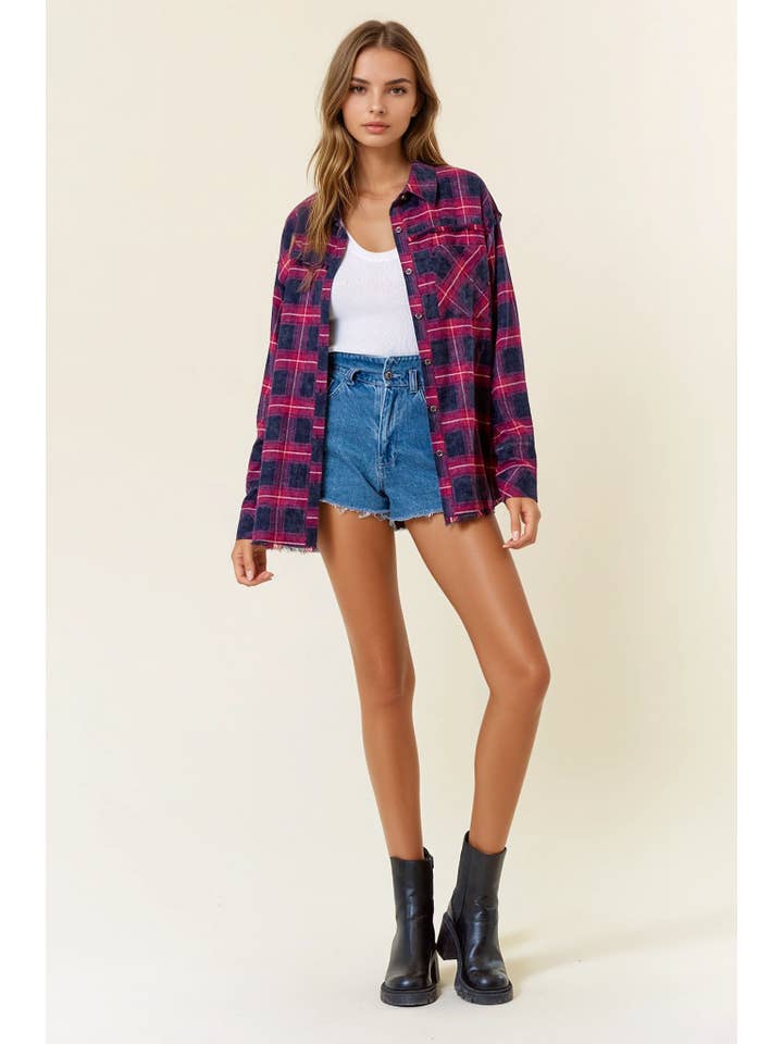 Doe and Rae - Wholesale Button Down Shirt - Women's - Plaid Flannel Shirt W/ Frayed Detail - 44703T9