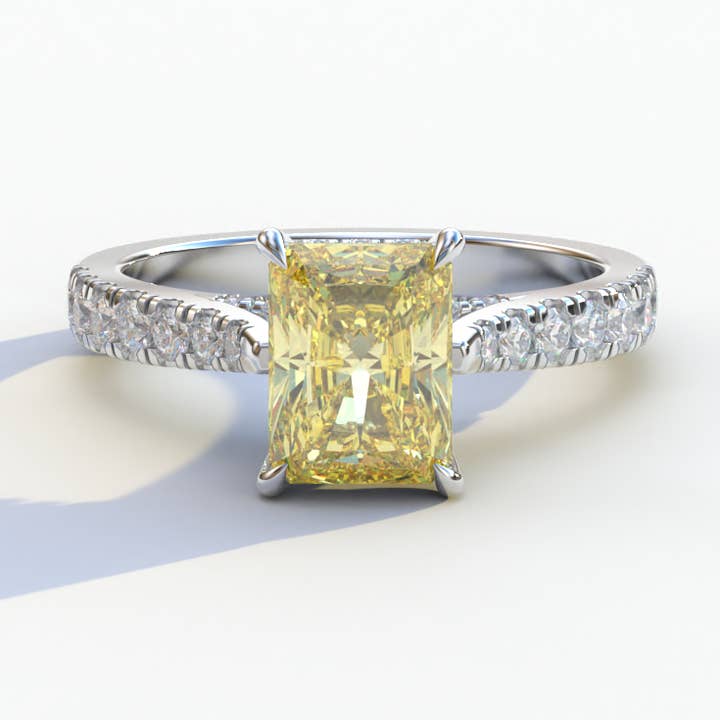 Anillo de diamante cultivado en laboratorio de 2 quilates, corte radiante amarillo con halo y pavé - Asfalto para venta al por mayor de Mohana Jewels - Luxury