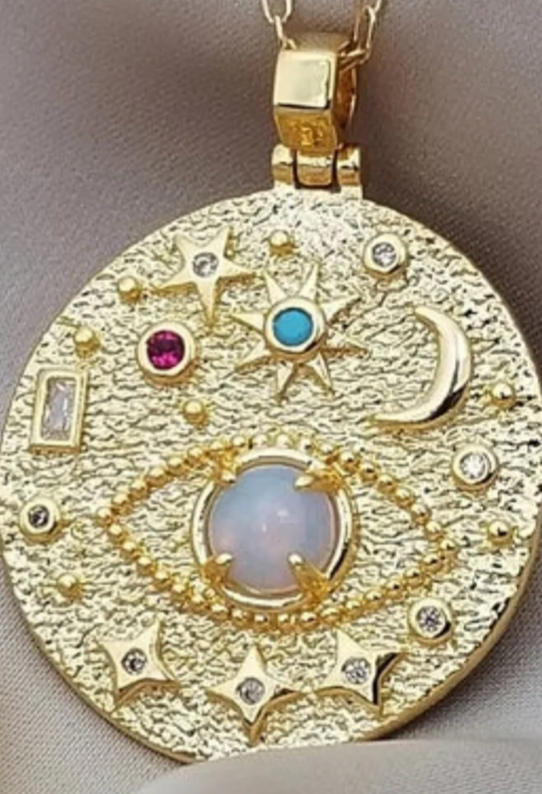 HoopLa - Venta al por mayor Collares con colgantes/abalorios - Collar Amuleto de Moneda Celestial con Tercer Ojo - acero1