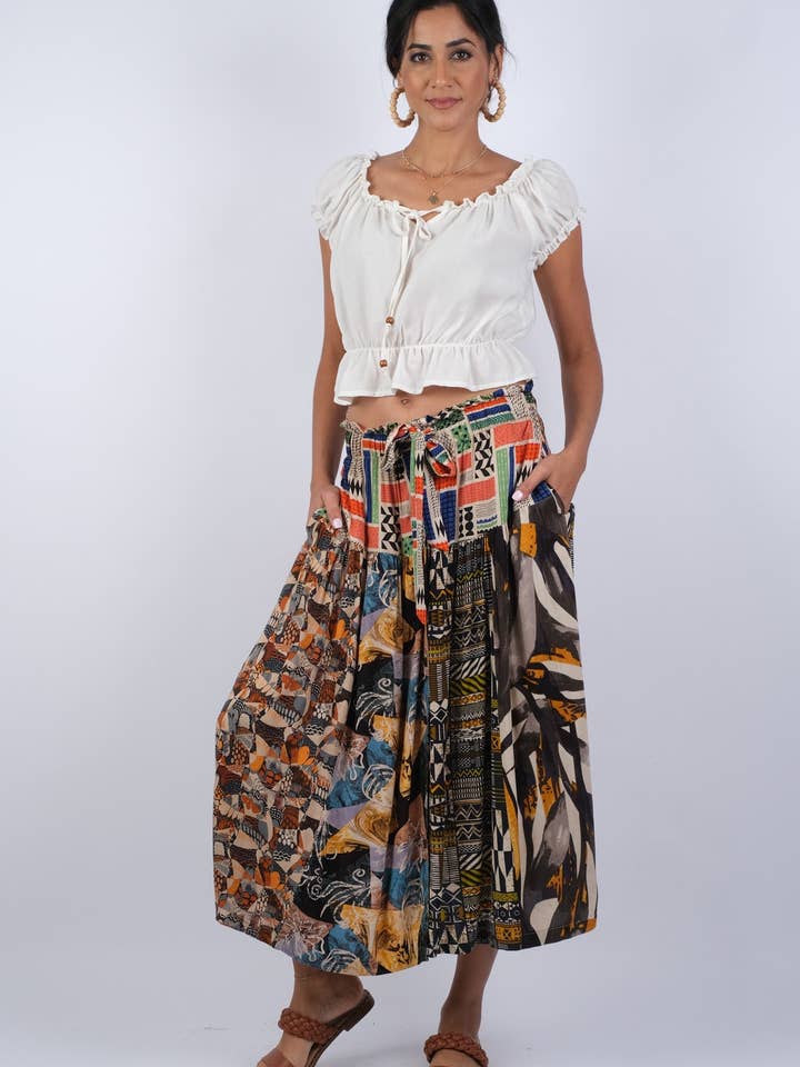 Abstract Allure Patchwork Boho Button Skirt for wholesale by Sacred Threads