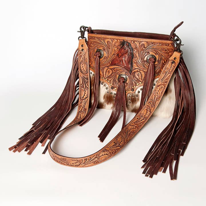 LC-ADBGZ596 Hand-Tooled Leather Crossbody Bag with Horse Design, Fringe & Cowhide - Western Purse for wholesale by LS Western