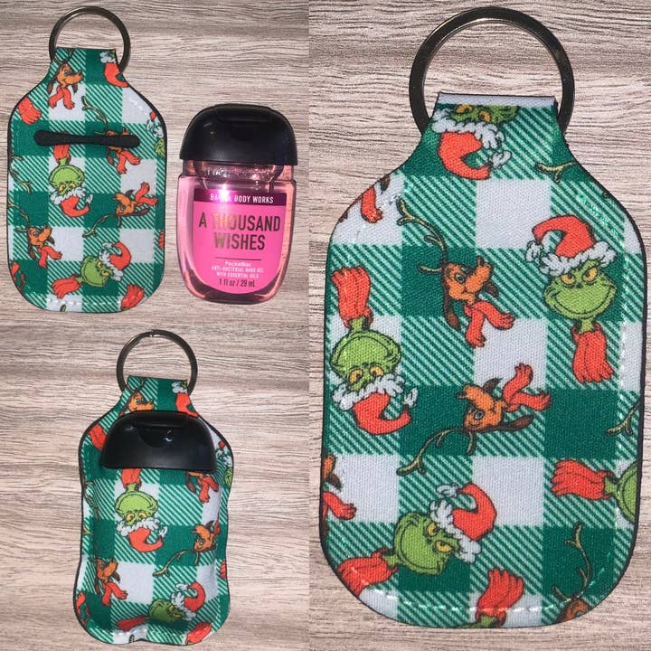 Supporto disinfettante per le mani natalizio in tartan verde per la vendita all'ingrosso da parte di Stand Tall Giraffe Crafts