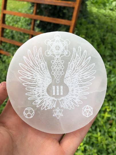 111 Angelic Communication Etched Sacred Geometry Selenite Charging Plate for wholesale by CrystalsAhoy
