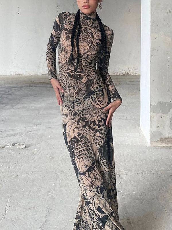 BLACK Long Sleeves Skinny Printed See-Through Split-Joint High Neck Evening Dresses Maxi Dresses for wholesale on Faire0