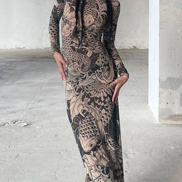 Langärmlige, dünn bedruckte, durchsichtige, geteilte Joint Abendkleider mit hohem Ausschnitt, Maxikleider für den Großhandel von Sheer Trend