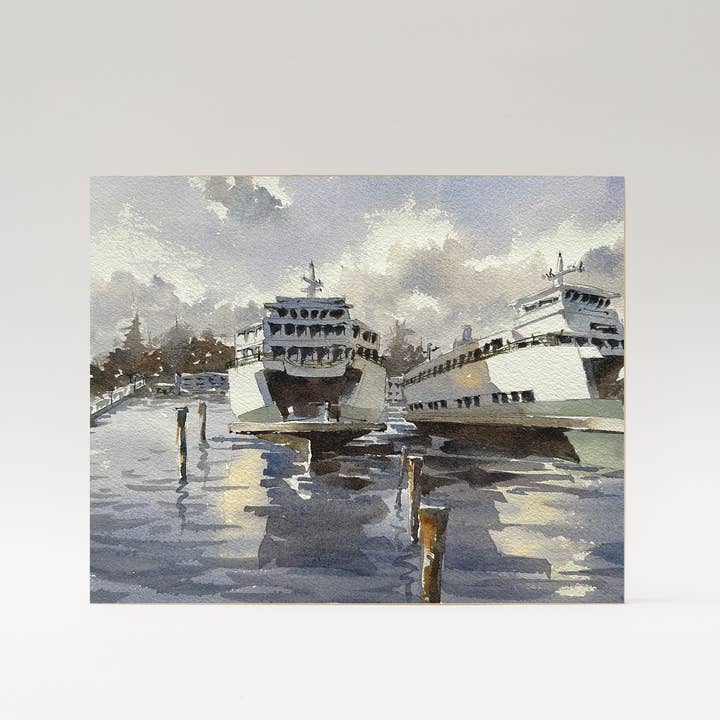 "Docked ferries" woodblock wall art for wholesale by Ina Xi Watercolor