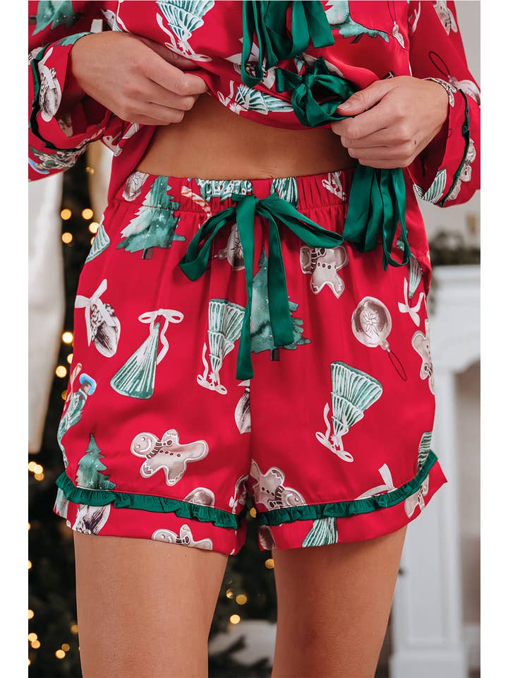 Red Christmas Bow Ruffle Trim Top and Shorts Pajama Set for wholesale on Faire4