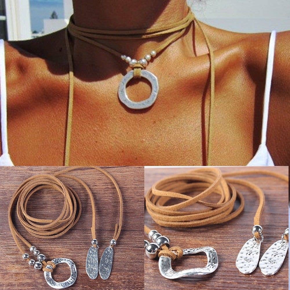 Kate Tuesday Jewelry - Wholesale Choker/Collar - Summer Brown Leather Silver Choker Necklace Wrap1