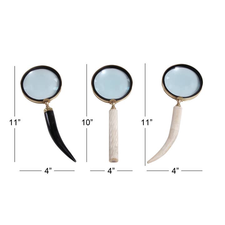 Import Corner - Wholesale Magnifying Glass - A-28329: METAL HORN MAGNIFIER 3 ASSORTED 4"W, 4"H2