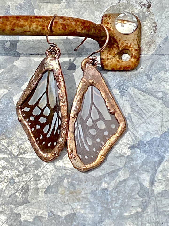 Real Chestnut Tiger Wing Earrings - Copper Electroformed for wholesale by The Posh’mina