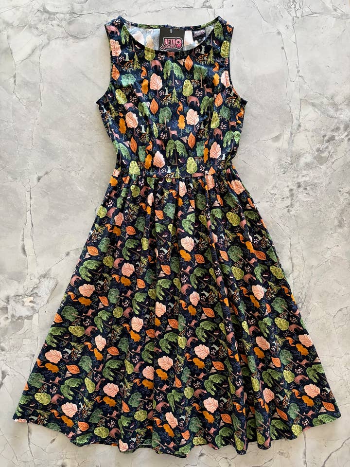 Woodland Midi Dress in Navy for wholesale by Retrolicious