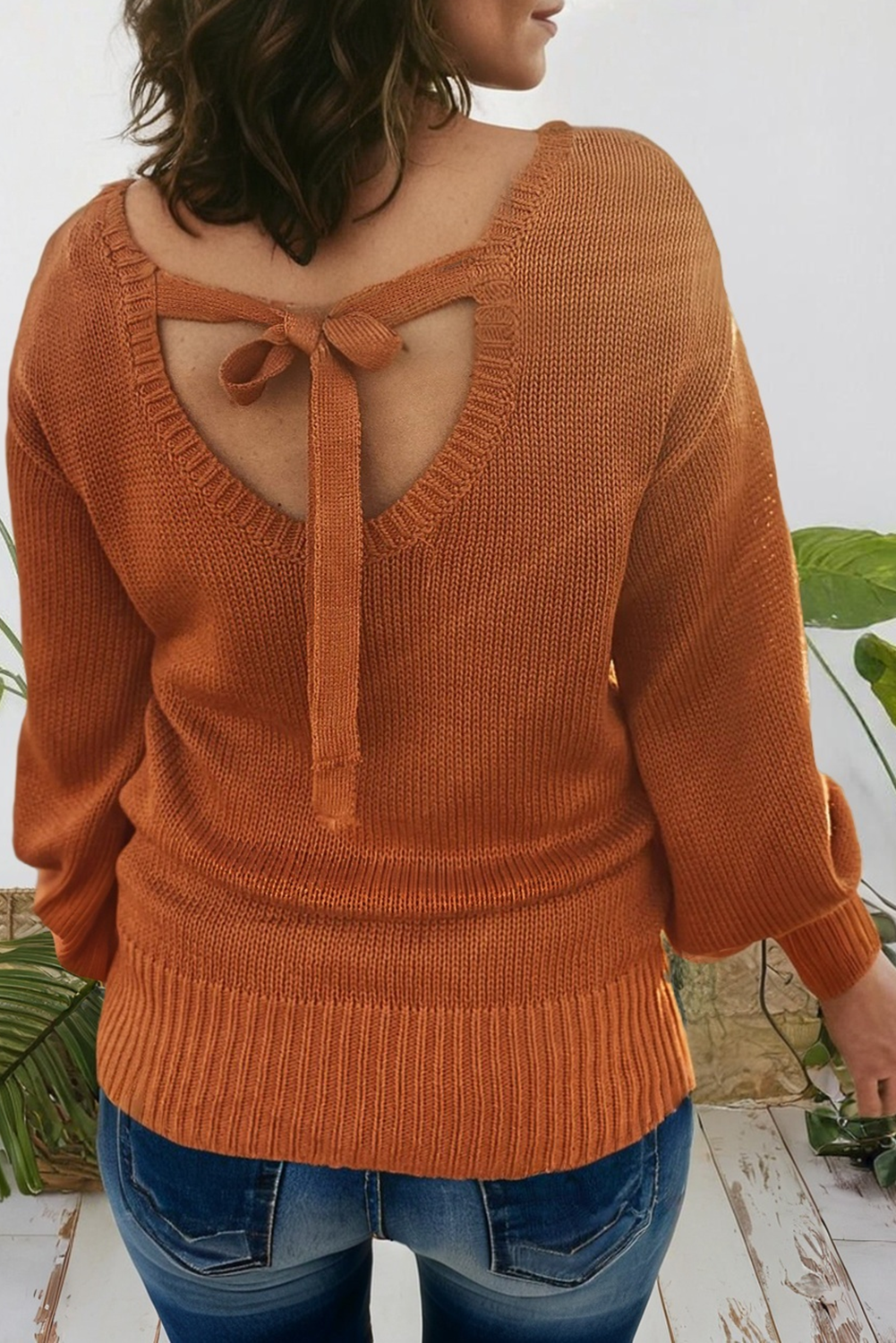 Marron Pull uni orange à épaules tombantes avec bordure côtelée (S-XL) en vente sur Faire8