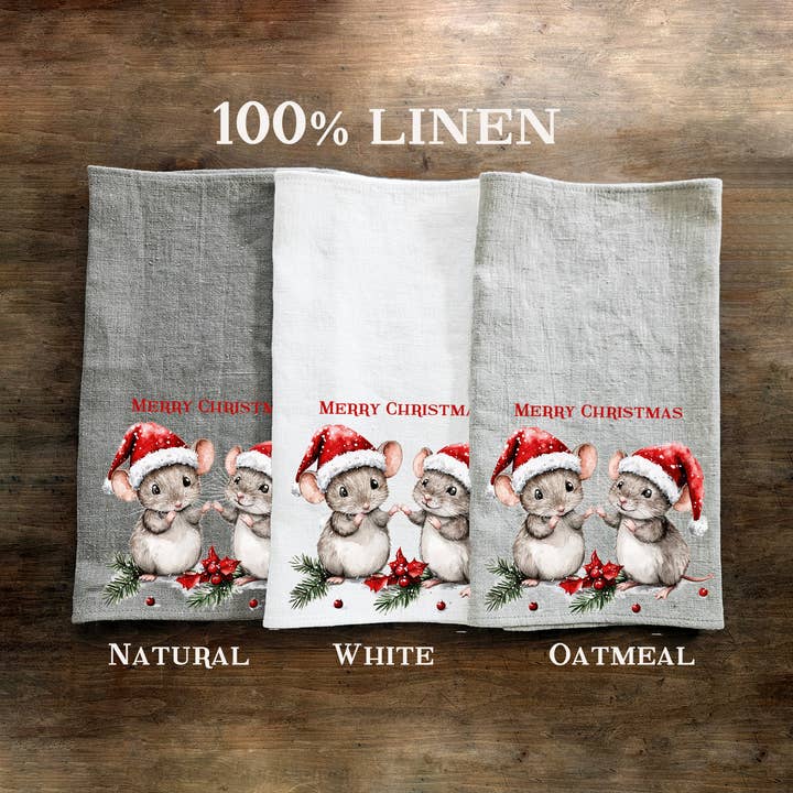 100% Linen Guest Towel with Merry Christmas Mouse for wholesale by NorraVilla