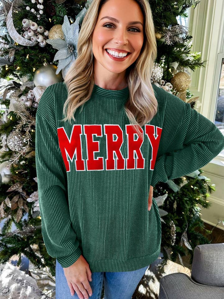 Suhkasana - Wholesale Graphic Sweatshirt - Women's - Corduroy MERRY Letter Christmas Pullover Sweatshirt13
