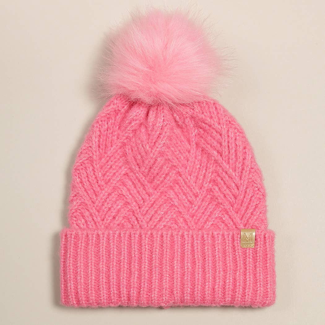 Fashion City - Wholesale Beanie - Dames - Chevron-gebreide muts met pompon van imitatiebont13