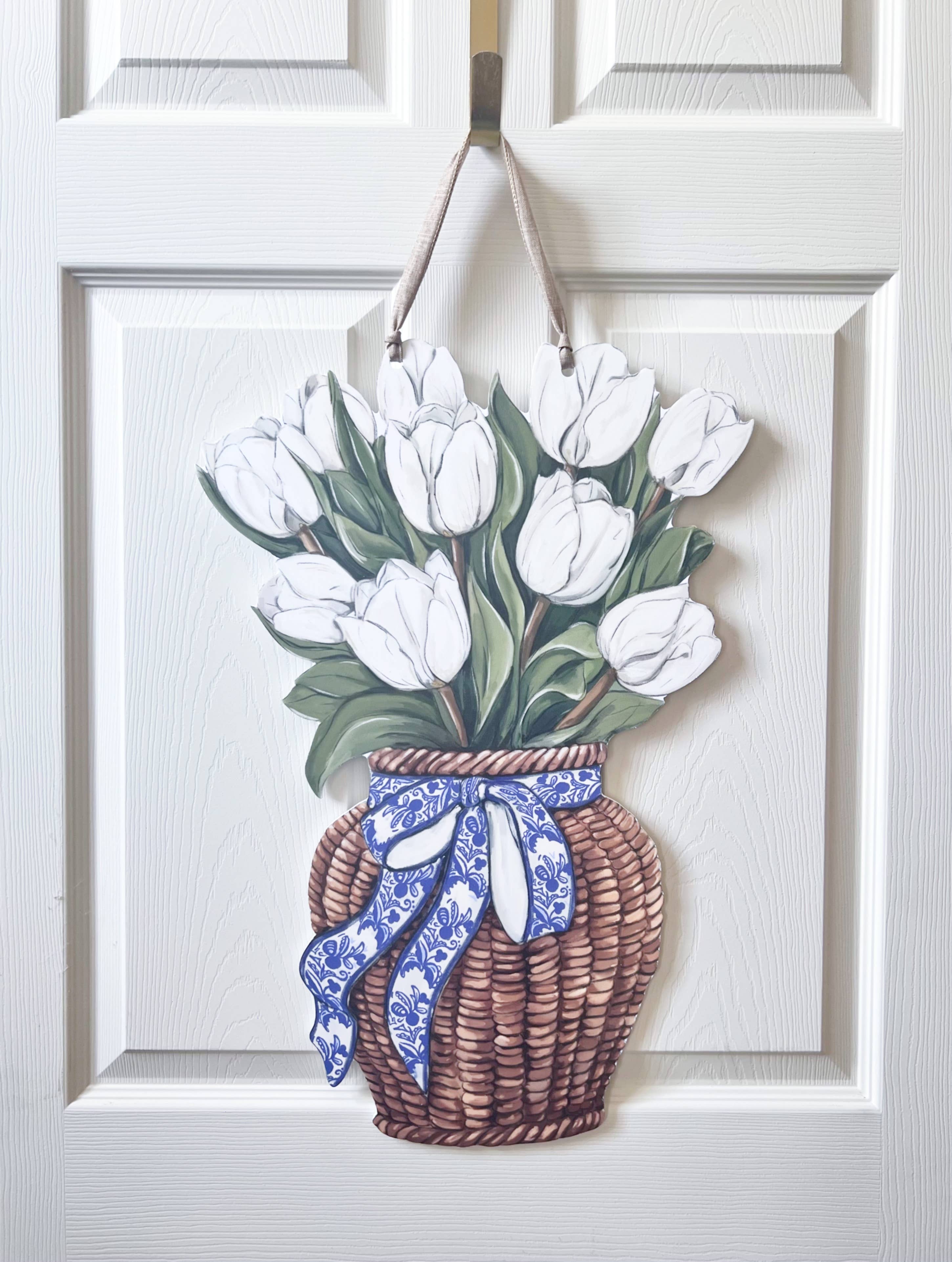 Home Malone – wholesale Door hanger – White Tulips Door Hanger-Pretty Floral Spring Flower Basket3