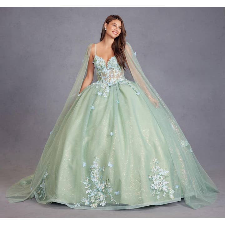 SALVIE GRØN 3D QUINCEANERA-KJOLE MED FLERE BLOMSTER OG KAPPEÆRME for engroshandel på Faire