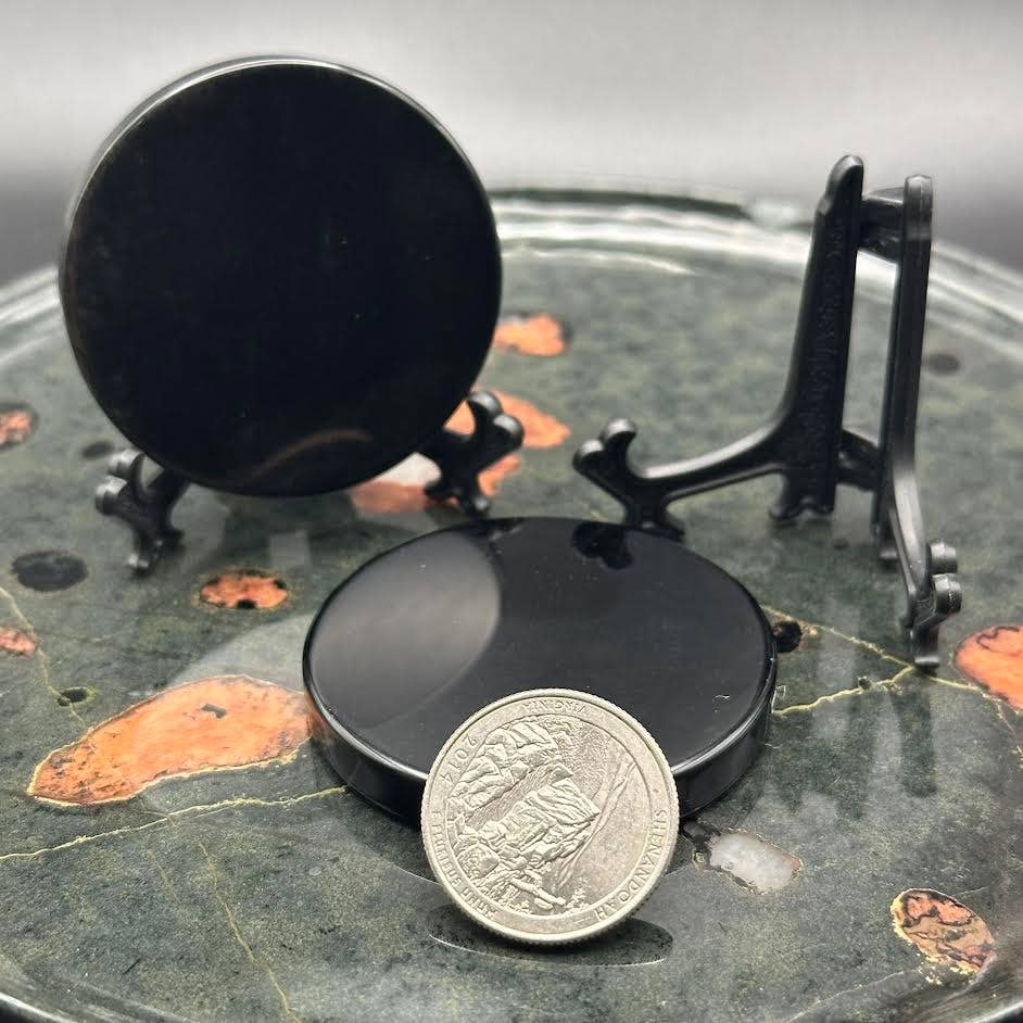 The Crystal Tabby - Wholesale Meditation Supplies - Obsidian Scrying Mirror with Stand - 1 set 1