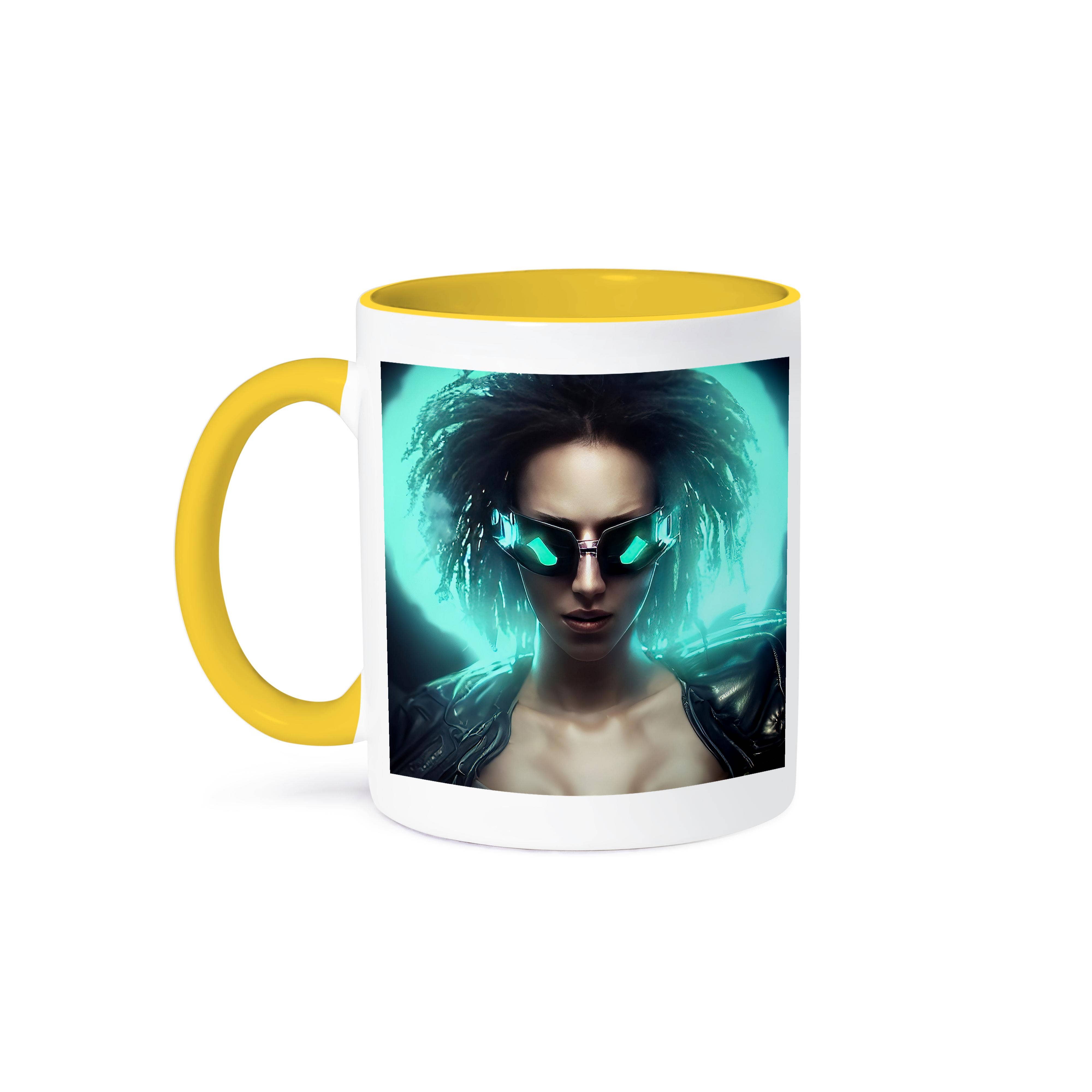 3dRose - Wholesale Coffee Mug - 3dRose, Fantasy cyborg brunette woman in special glasses. Green light behind, Mug0