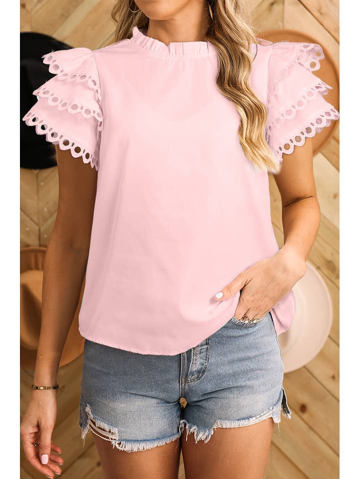 Aapparella - Wholesale Blouse - Women's - Women Layered Rickrac Cap Sleeve Filled Neck Blouse | S-XL