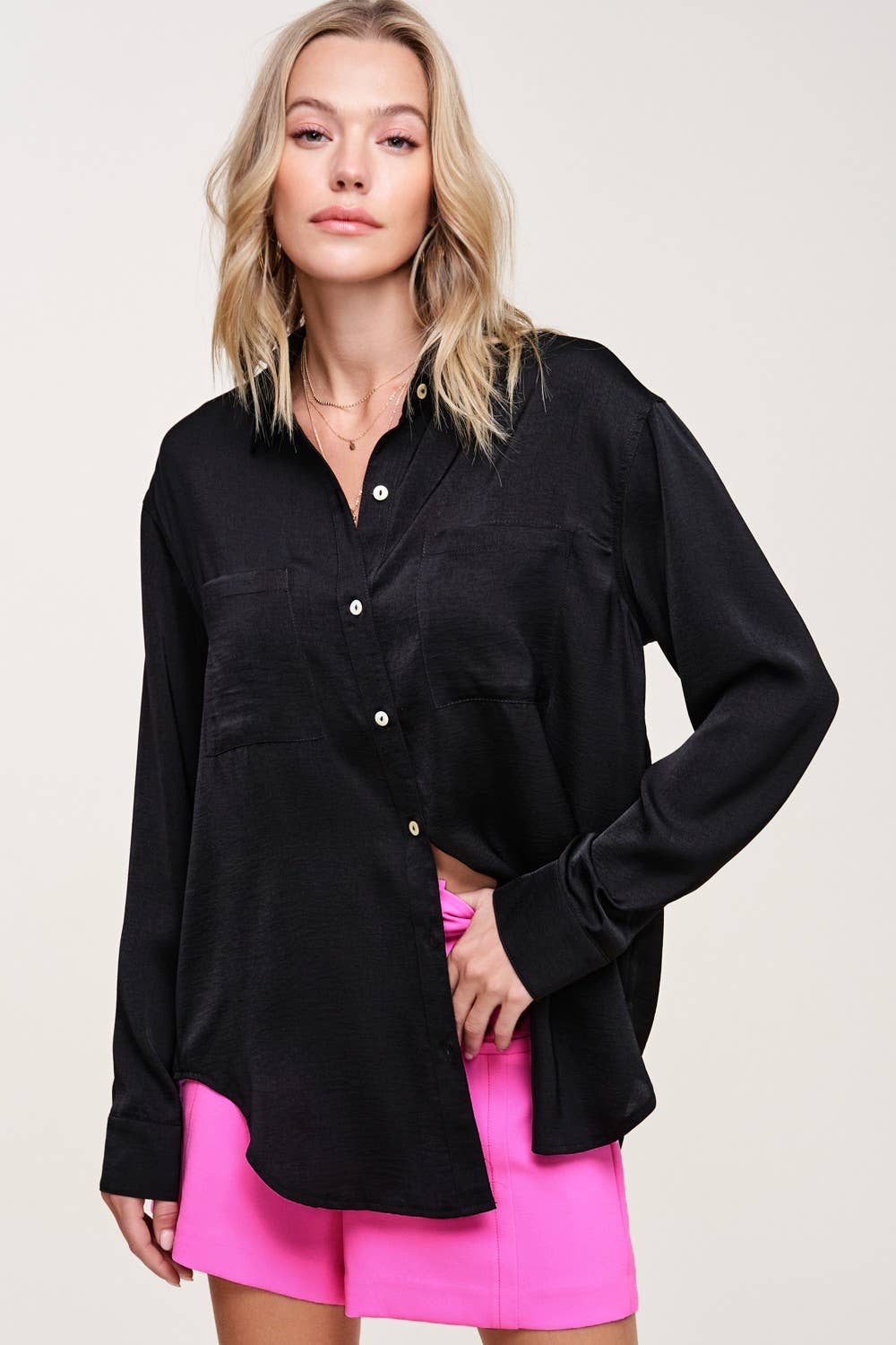 La Miel - Wholesale Button Down Shirt - Women's - SRT7452-Silky and Flowy Button Down Long Sleeve Shirts25