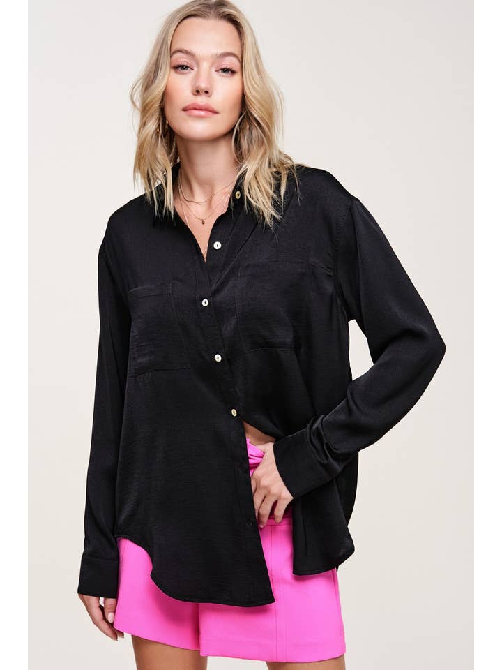 La Miel - Wholesale Button Down Shirt - Women's - SRT7452-Silky and Flowy Button Down Long Sleeve Shirts25