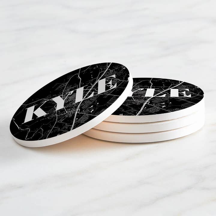 Love Local - Wholesale Coasters - Minimalistic B&W Texas Kyle Map | Absorbent Coasters | Set of 4 | Min 22