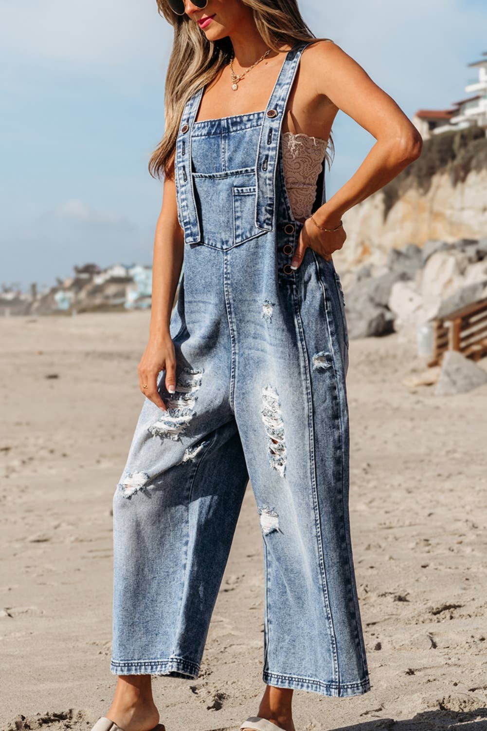 1 the Woman - Wholesale Overalls - Women's - Distressed Pocketed Wide Leg Capri Denim Overall | 2 Colors1