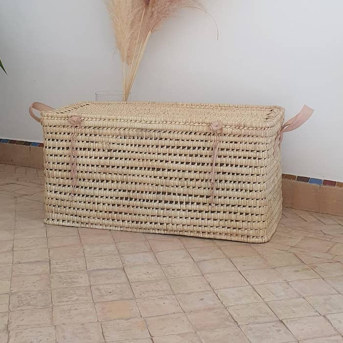 Moroccan Palm leaf storage chest with leather handle for wholesale by MARRAKECH METACRAFT LTD