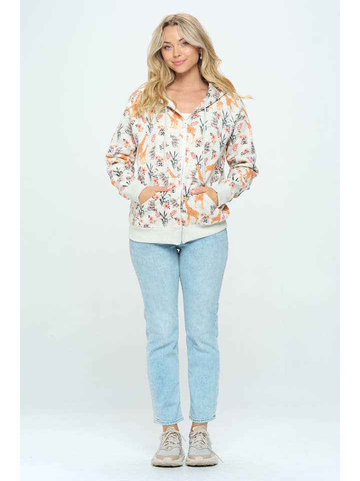 SM WARDROBE – wholesale Hoodie - Dam – GIRAFF BLOMMIG TRYCK ZIP UPP HOODIE