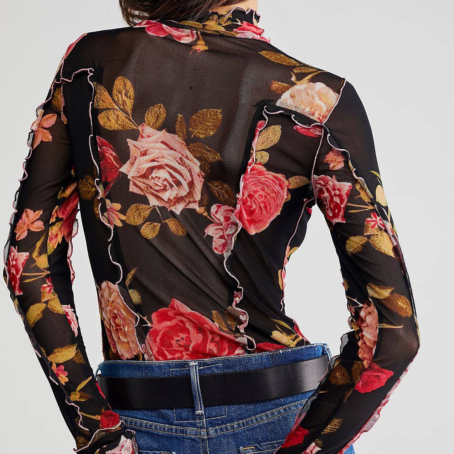 Rosa Clothing - Wholesale Knit Top - Women's - Slim-Fit Sheer Botanical Floral Print Turtleneck Top6