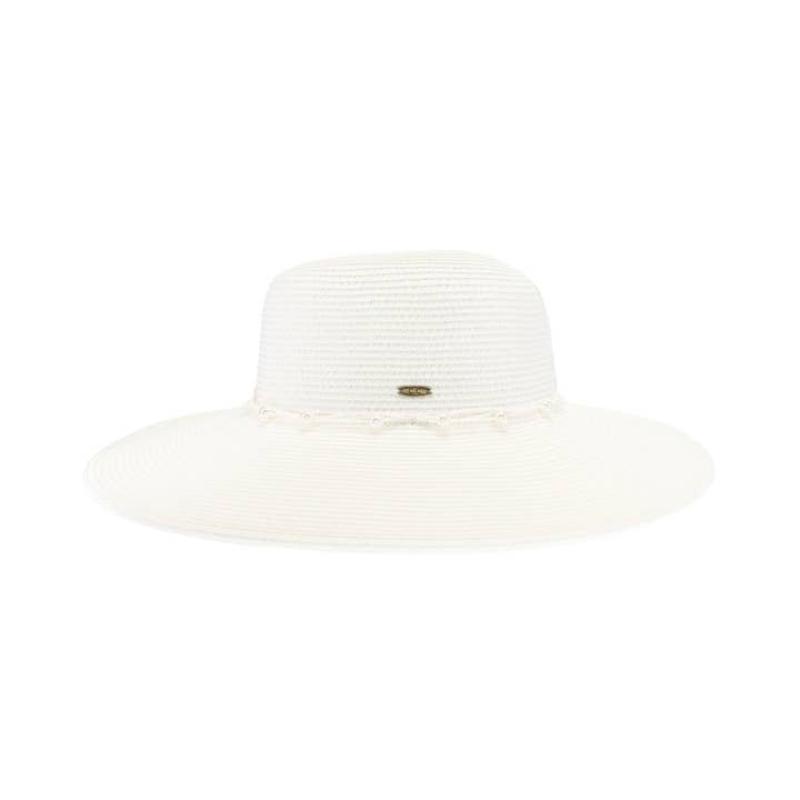 C.C Beanie - Wholesale Straw Hat - Women's - Pearl Banded Wide Brim C.C Sunhat STH0036
