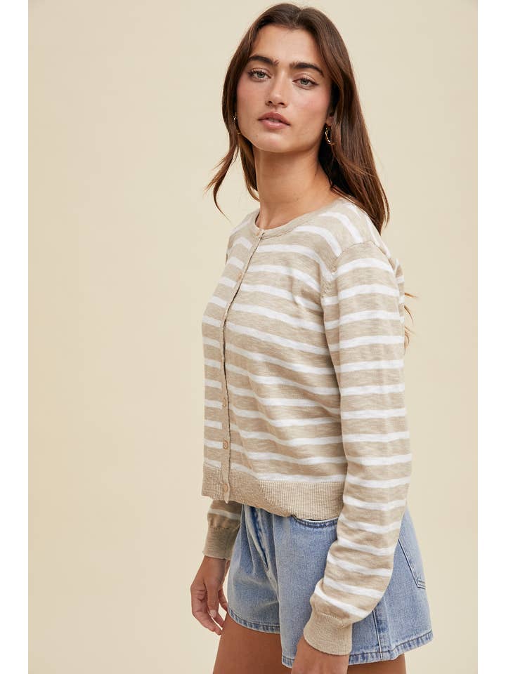 TAUPE WHITE LIGHTWEIGHT STRIPED BUTTON UP CARDIGAN / WL24-9575 for wholesale on Faire