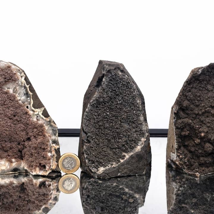 Large Black & Grey Chalcedony Crystal Freeforms for wholesale by Distinction Crystals