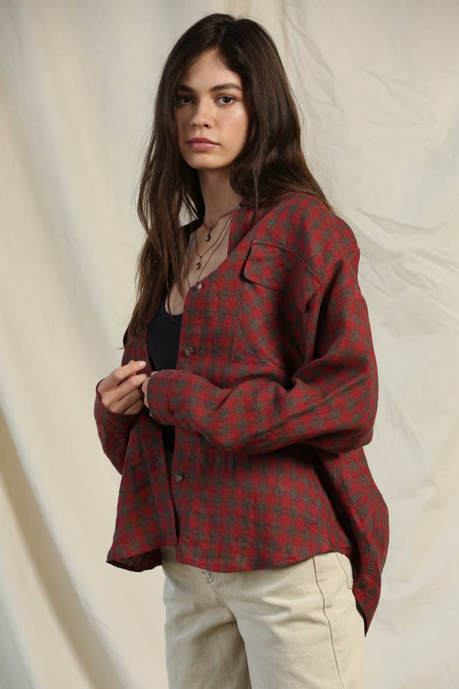 Rouge L4835 | Chemise en lin tissé à manches longues avec boutons en vente sur Faire