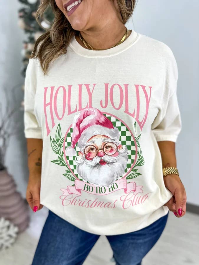 Camiseta Gráfica Holly Jolly Christmas Club Ivory por atacado de birdie