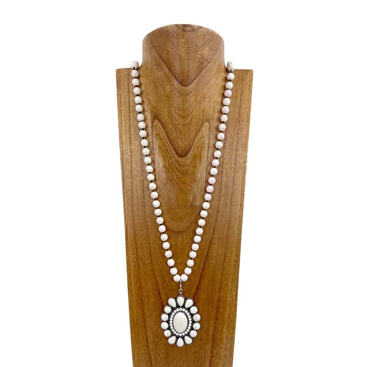 NKZ230924-05 34 inches 10mm white stone beads with big white stone concho Necklace for wholesale by Western Elite Jewelry