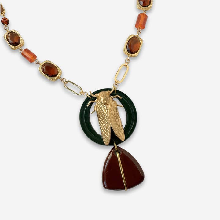 Lulu’s Petals - Wholesale Pendant/Charm Necklace - Repurposed Vintage brass Cicada assemblage necklace with bakelite drop