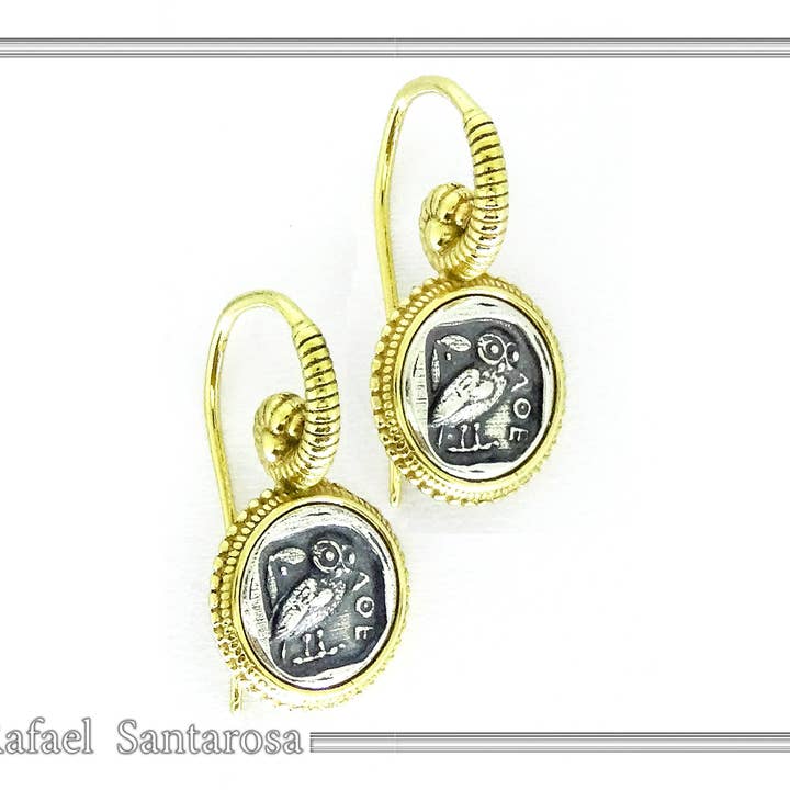 RAFAEL SANTAROSA – wholesale Hängande örhängen – Uggla mynt Tetradrachmon örhängen på sterling silver