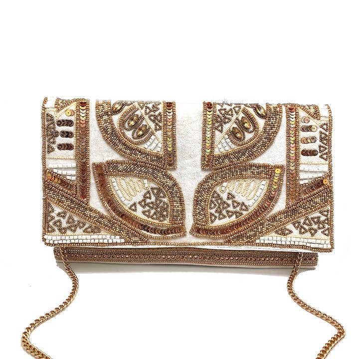 Pizzazz, Inc. - Wholesale Clutch Bag - Women's - IVORY GOLD VELVET BEADED CLUTCH0