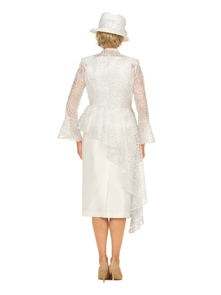 OFF WHITE 3pc Lace Peplum Skirt Suit w/ Asymmetric Jkt-Plus for wholesale on Faire2