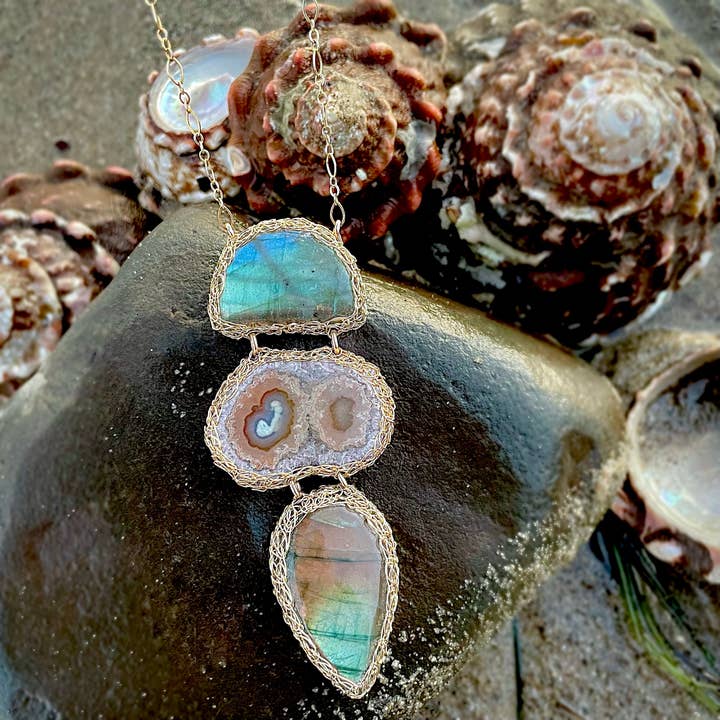 *Labradorite & Amethyst Stalactite Cosmos Necklace in Gold for wholesale by Arivka Jewelry