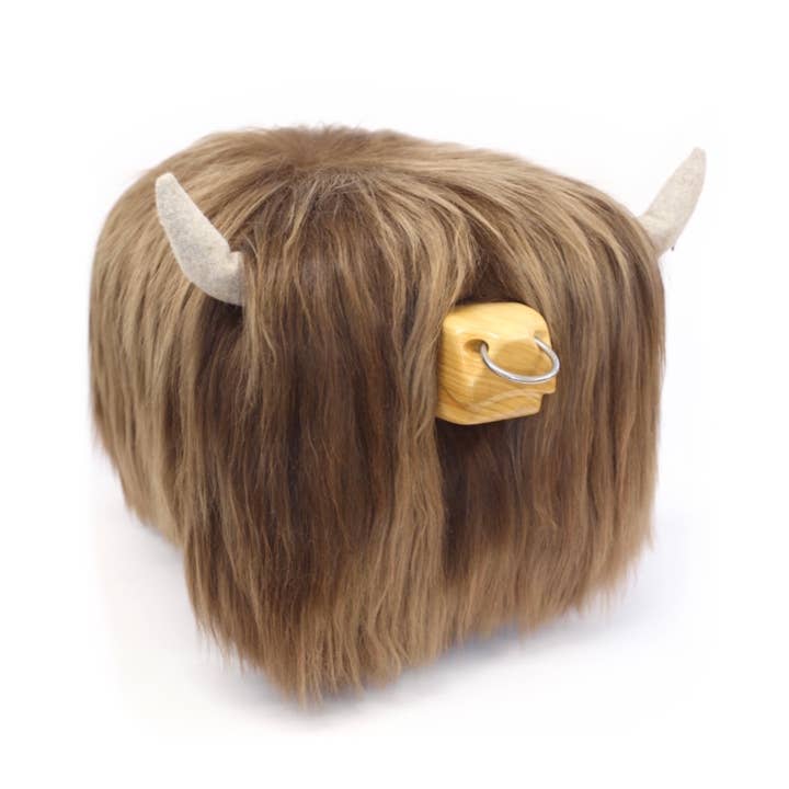 Tweed yourself - Vente Tabouret - Repose-pieds Highland Bull avec cornes réglables en tweed, bois massif et anneau nasal2