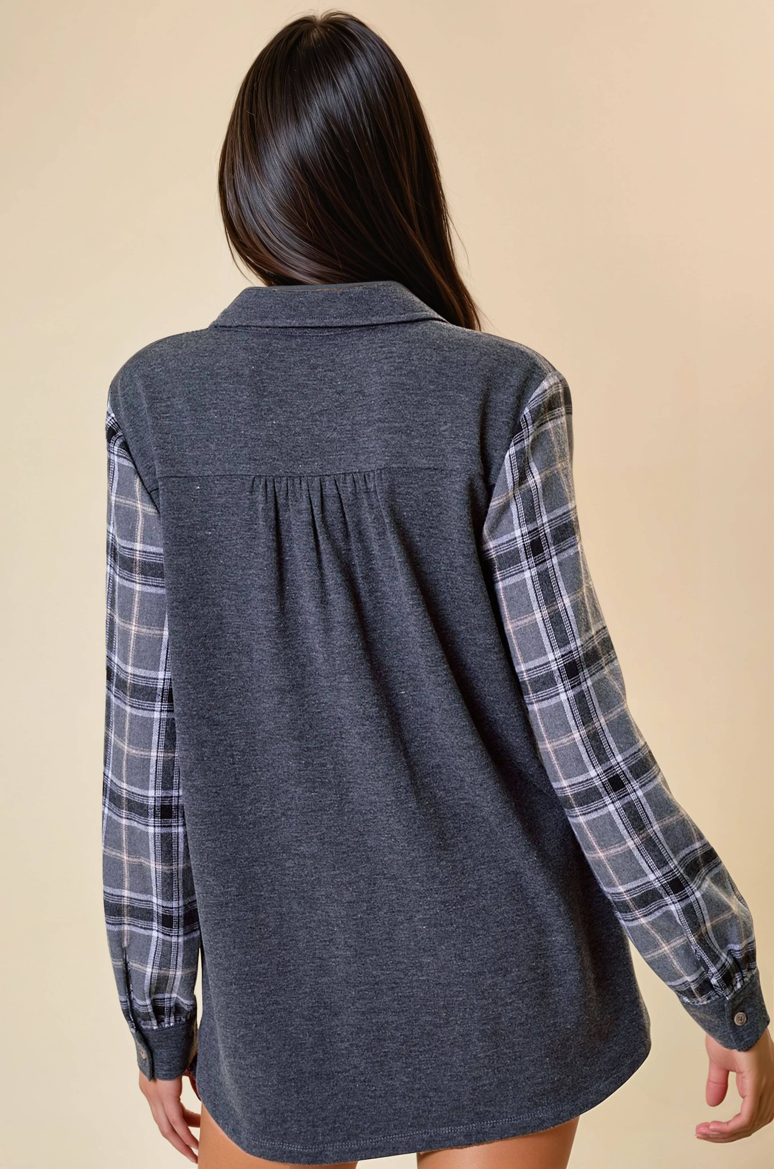 CHARCOAL PLAID SLEEVE SHIRT - 43394T for wholesale on Faire3
