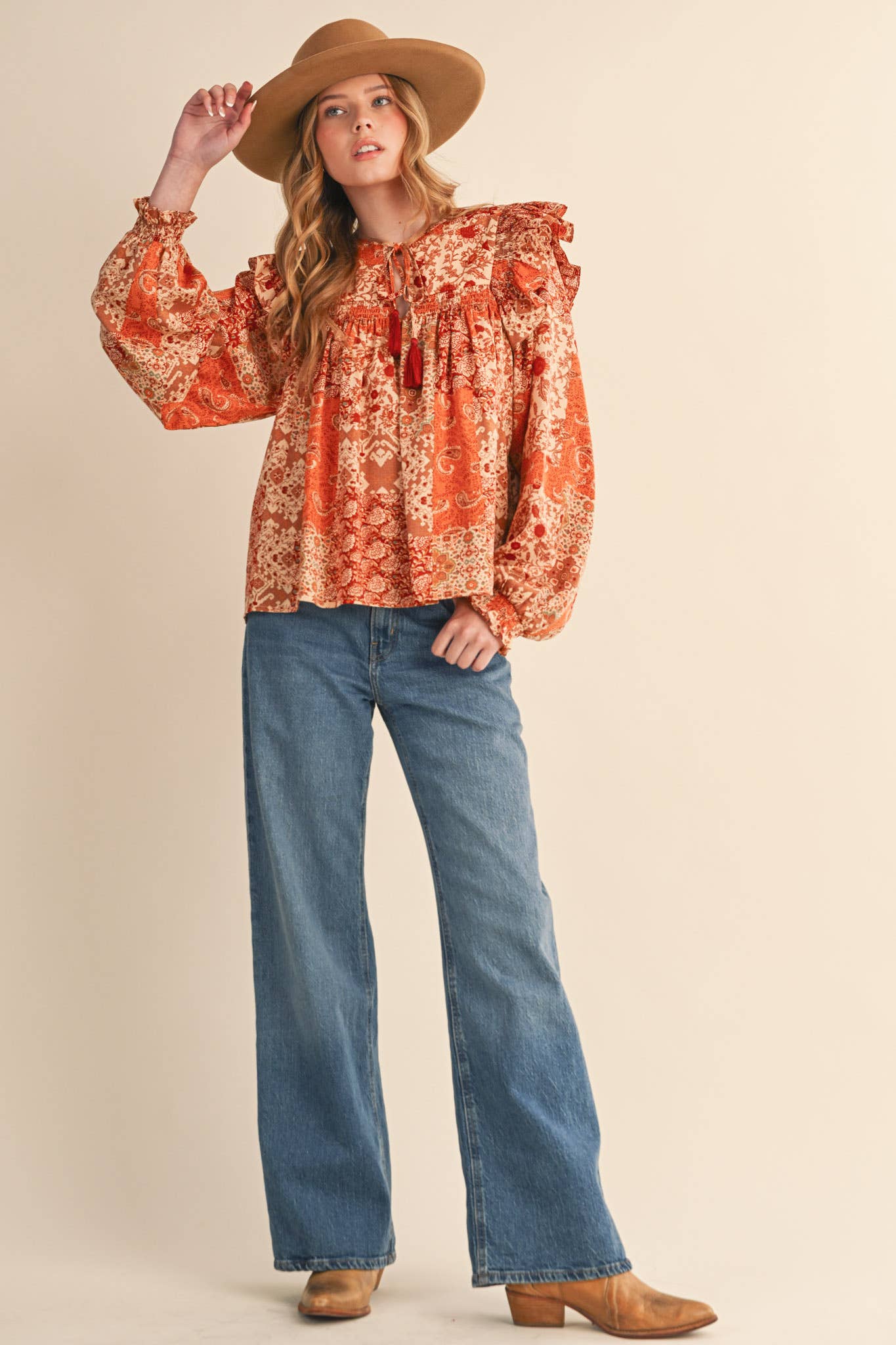 &MERCI - Wholesale Blouse - Women's - PATCHWORK PRINT SMOCKED RUFFLE BLOUSE MTP435018