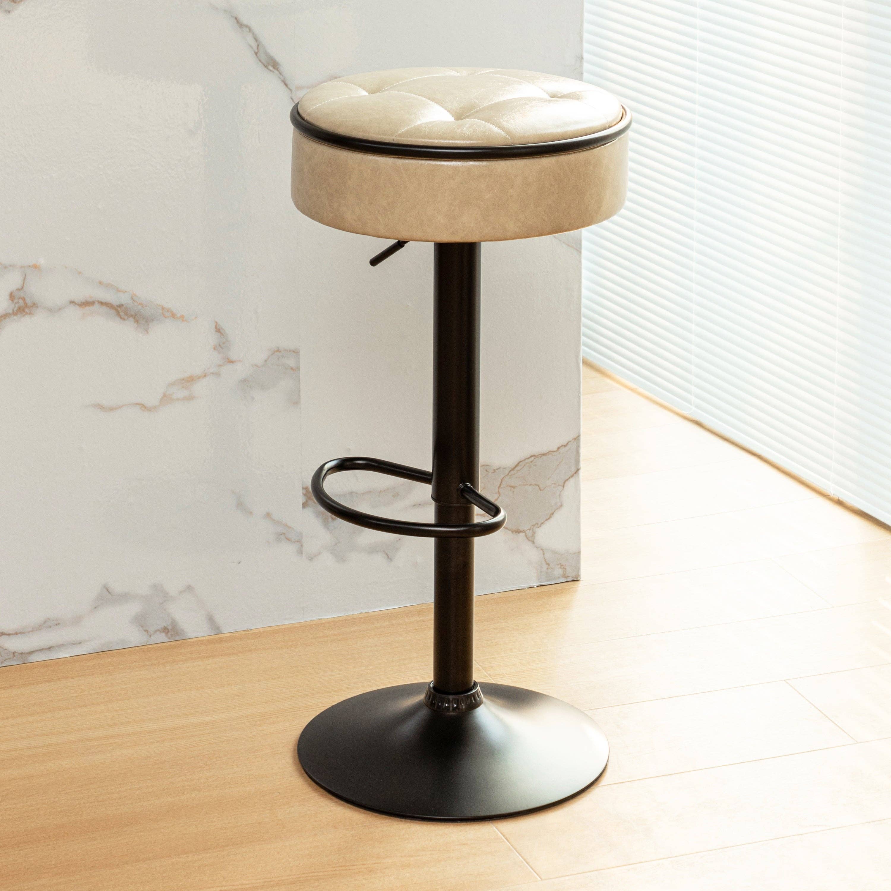 Orange County Decor - Wholesale Stool - Round Storage Bar Stool Set Of 2, Khaki Faux Leather Height Adjustable Barstool, 360 Counter Height Swivel Stool, Armless Bar Chair With Metal Frame For Kitchen Counter Dining Living Room Khaki Set37