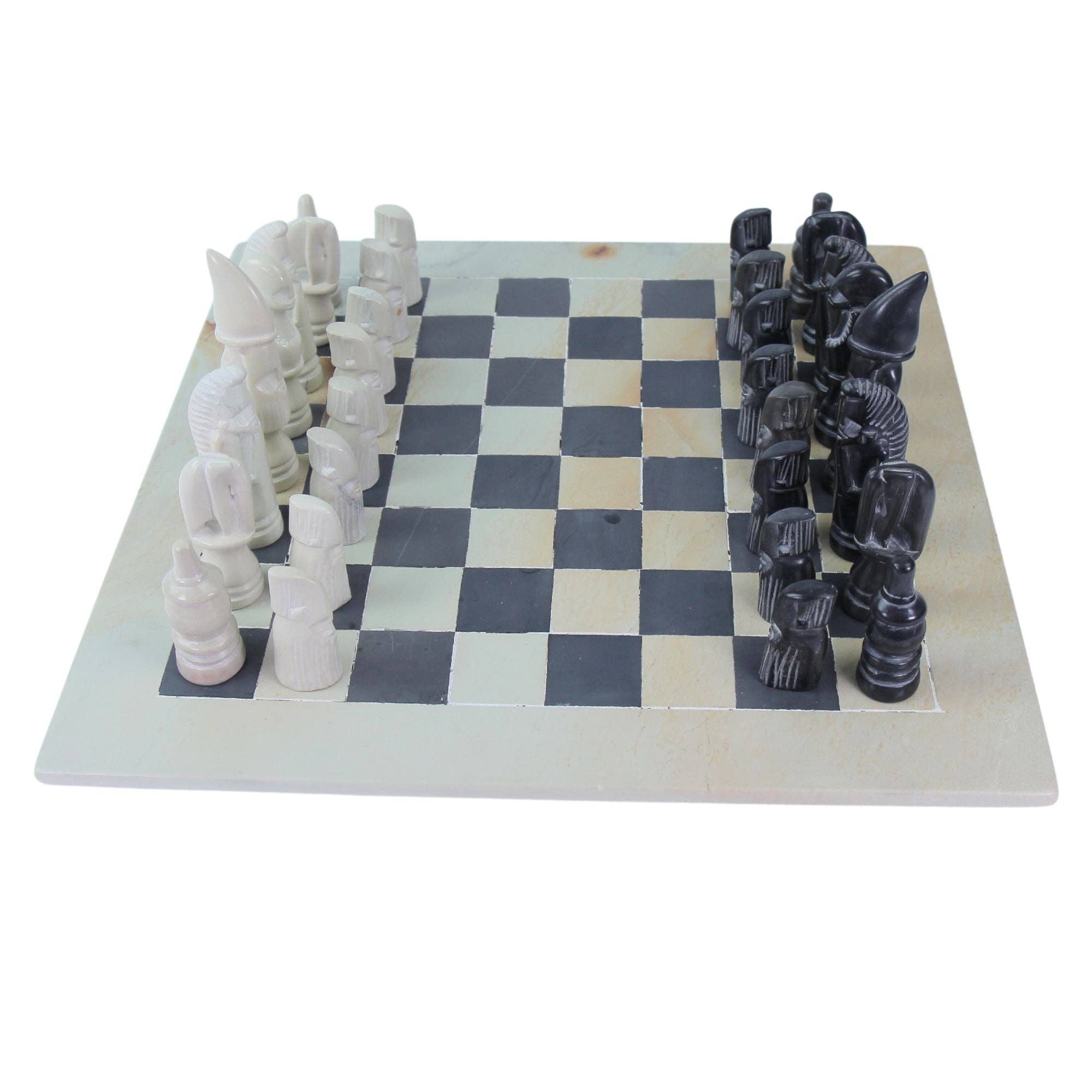 Global Crafts - Wholesale Board Game - Soapstone Hand-Carved Chess Set - African Maasai Tribe Pieces - Grey/Natural Stone2