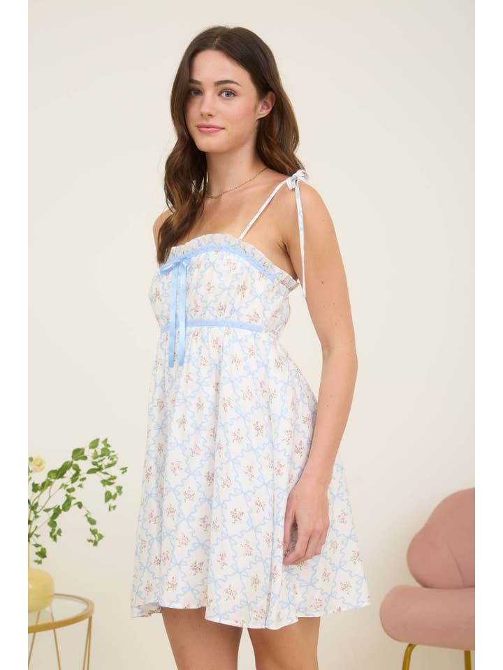 MINE - Wholesale Dress - Women's - FLORAL BOW PATTERN TIE STRAP MINI DRESS